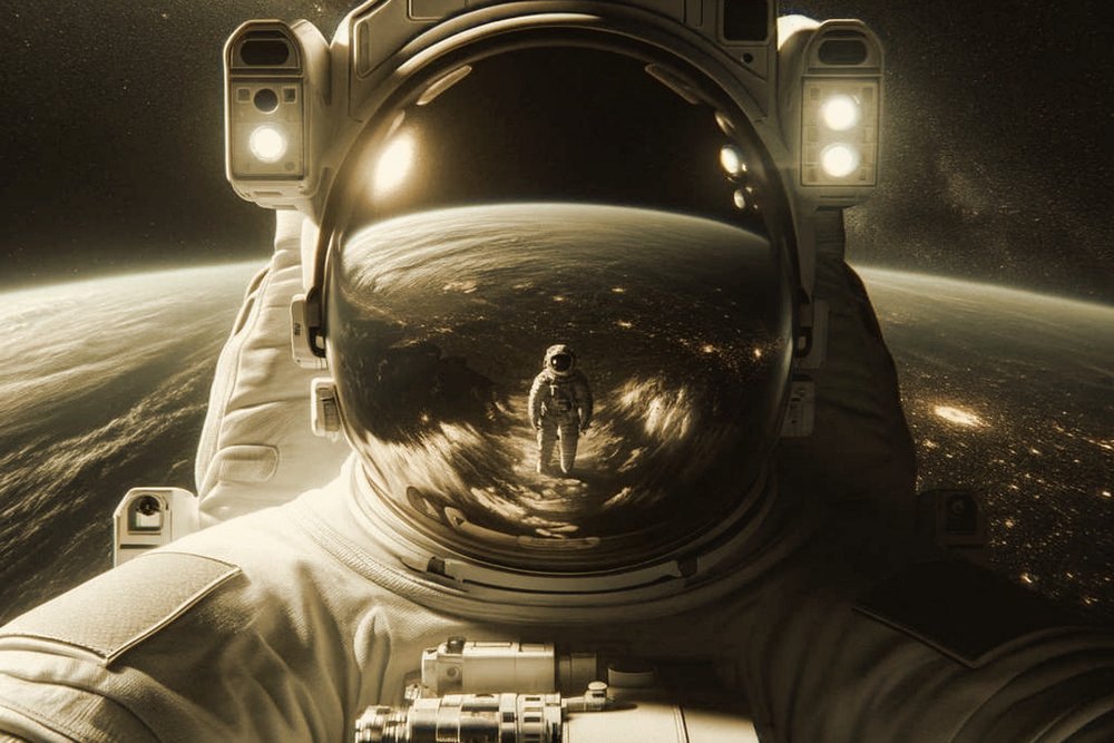 An astronaut helmet reflecting a planet and starfield