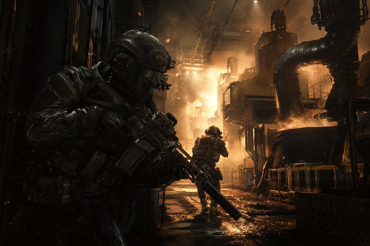 Cinder Protocol key art — two operatives advancing through a smoke-filled industrial foundry corridor