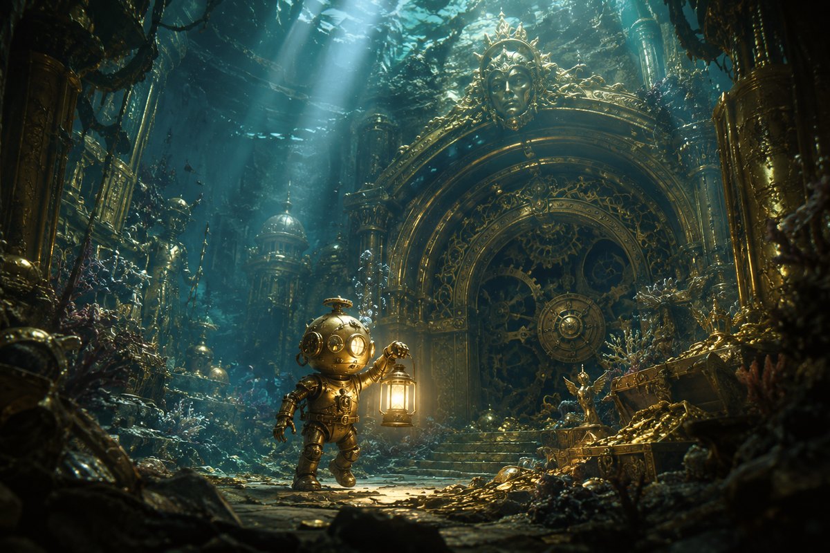 The Gilded Depths key art — a brass diver automaton with a lantern before the gates of a sunken golden vault