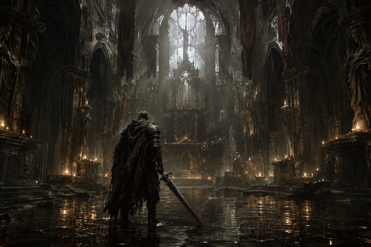 Marrowfall key art — a lone knight with a greatsword in a candlelit, flooded cathedral nave