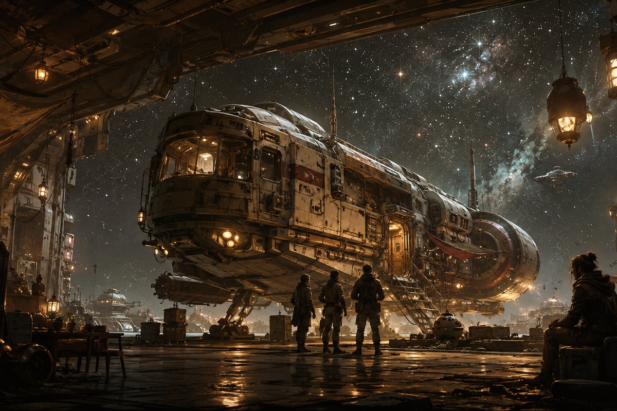 Starlit Vagrants key art — the crew's caravan ship berthed in a warm-lit hangar beneath a wall of stars